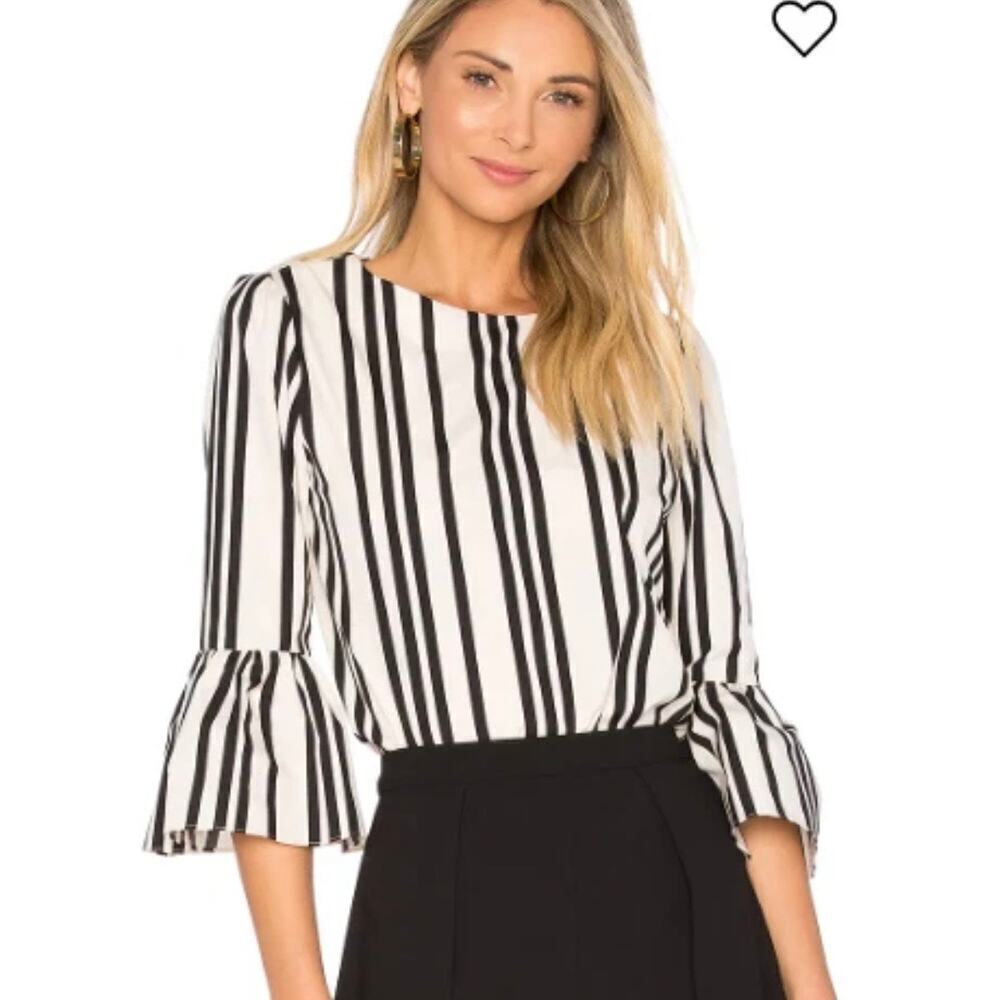 Alice + Olivia Bernice BlacK White Striped Ruffle Sleeve Top Women's XS